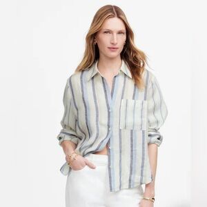 Madewell Linen Easy Y-Neck Button-Up Shirt in Mixed‎ Stripe blue white Small NWT